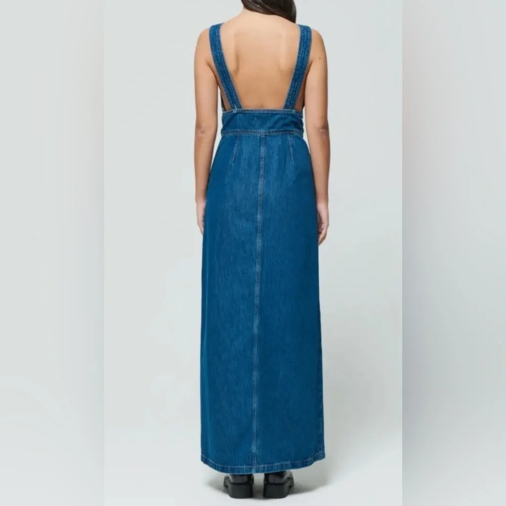 Etica Martine Plunge Neck Open Back Denim Maxi Dress Size Small NWT